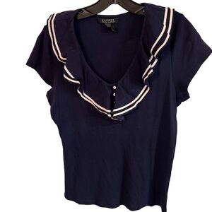 Lauren Ralph Lauren navy blue w/Ruffled V-Neck with white accents Size large